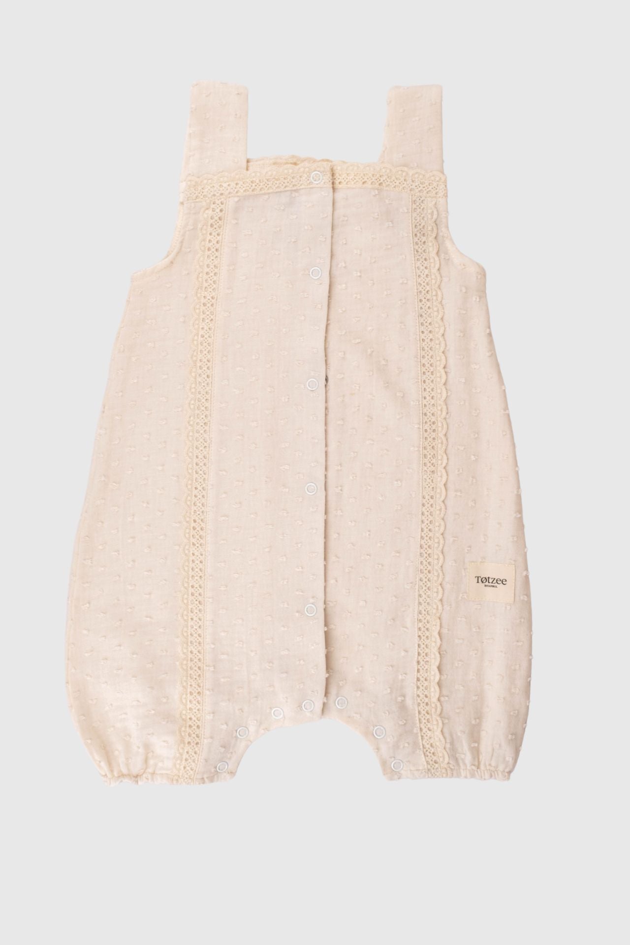 Totzee; Müslin Dantel Detaylı Mini PonPon Tulum Deniz Kabuğu; Muslin Lace Detailed Mini Pom Pom Romper Seashell