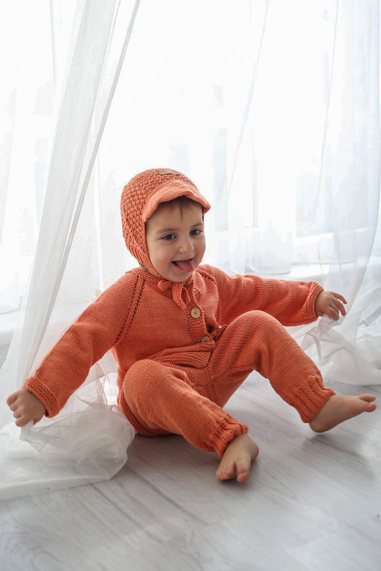 Totzee; Organik El Örgüsü Yüksek Bel Pantolon Şeftali Rengi; Organic Hand-Knitted High Waist Trousers Peach Colour