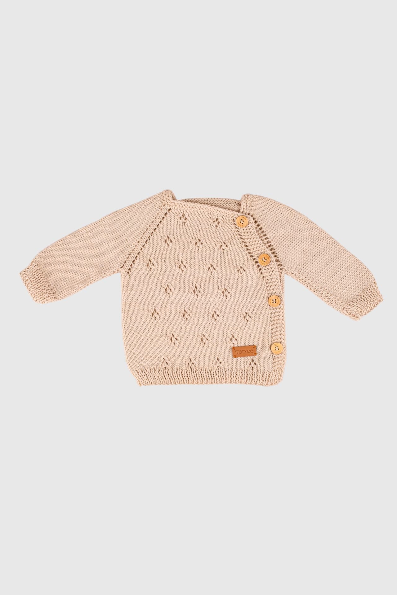 Totzee; Organik El Örgüsü Yandan Düğmeli Hırka Antik Bej; Organic Hand-Knitted Side-Buttoned Cardigan in Antique Beige