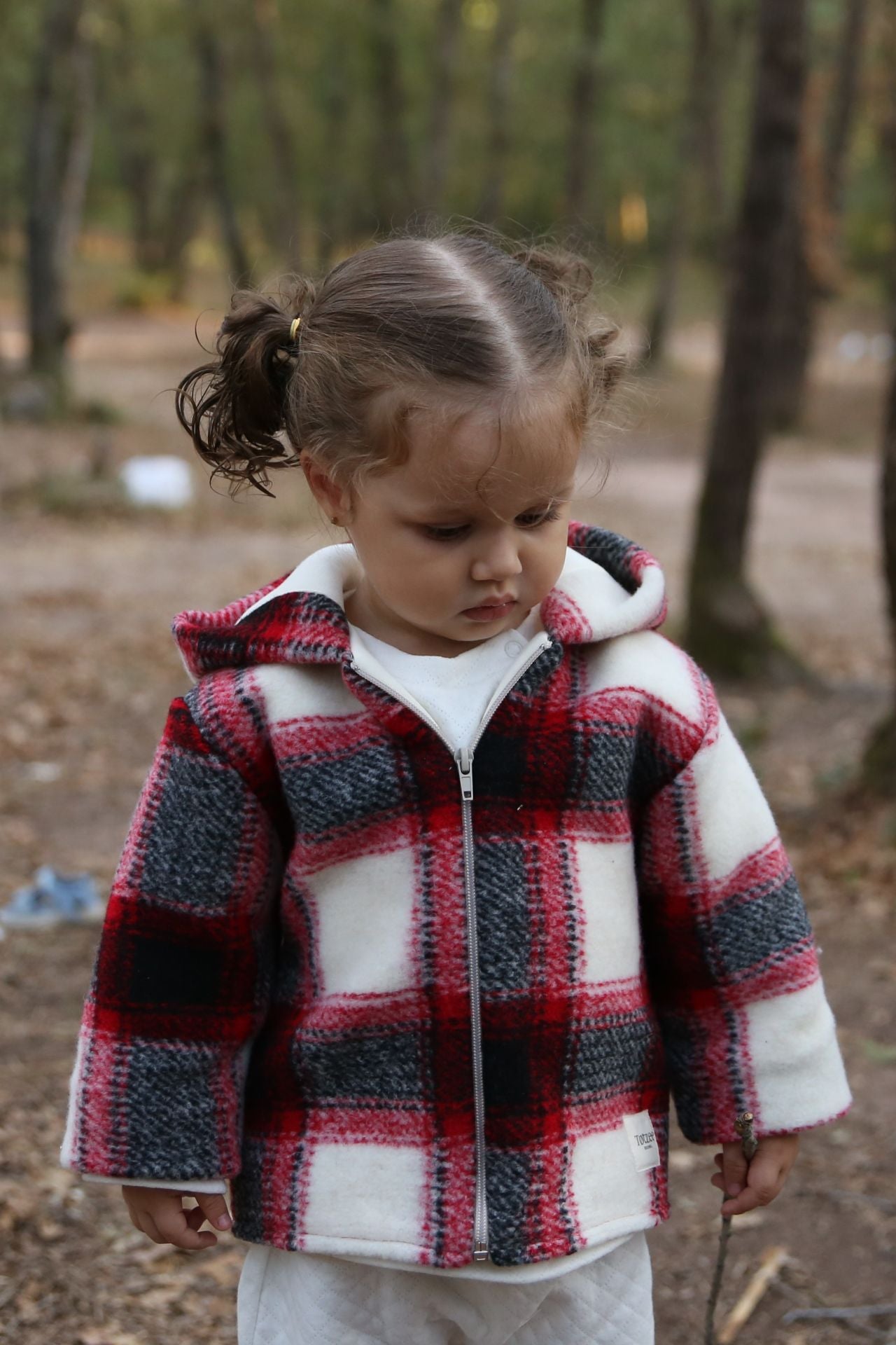 Totzee; Kapüşonlu Mont Ekose Kırmızı & Krem; Hooded Coat Plaid Gray & Cream