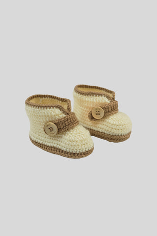 Totzee; Düğmeli Bot Patik Krem & Kahverengi; Buttoned Boot Yarn Booties Cream & Brown