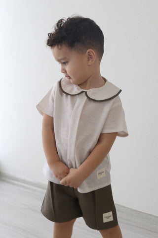 Linen Baby Collar Pleated Top Ivory