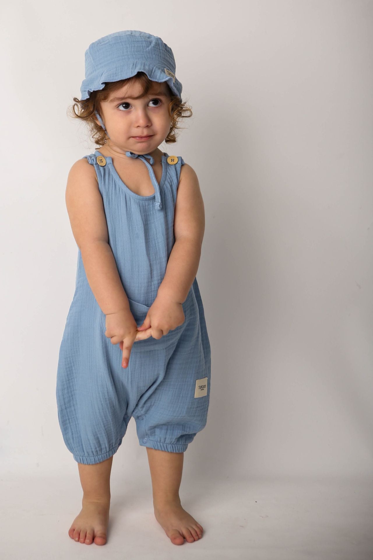 Totzee; Müslin Kanguru Cepli Salopet Okyanus Mavisi; Muslin Kangaroo Pocket Salopettes Ocean Blue