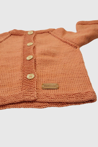 Totzee; Organik El Örgüsü Basic Hırka Şeftali Rengi; Organic Hand-Knitted Basic Cardigan Peach Colour