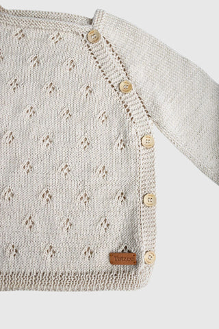 Totzee; Organik El Örgüsü Yandan Düğmeli Hırka Antik Bej; Organic Hand-Knitted Side-Buttoned Cardigan in Antique Beige