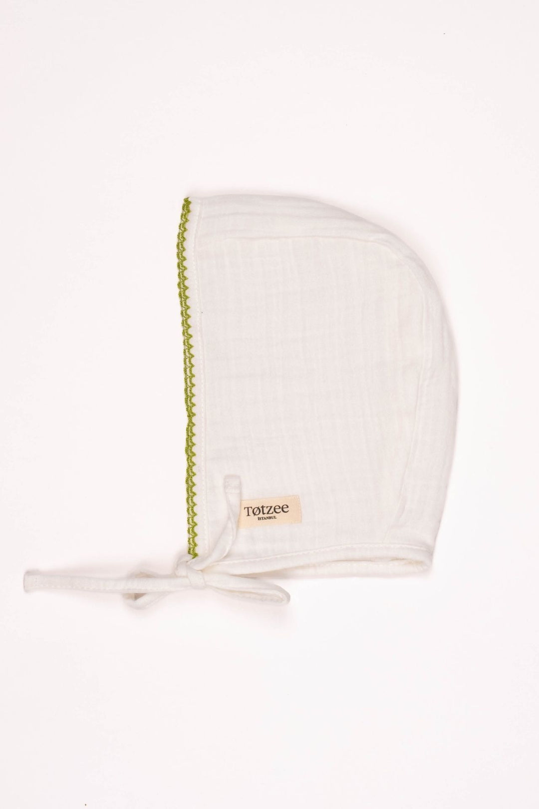 Totzee; Müslin Yenidoğan Yeşil Kroşeta Detaylı Bonesi Ekru; Newborn Muslin Green Crochet Detail Bonnet