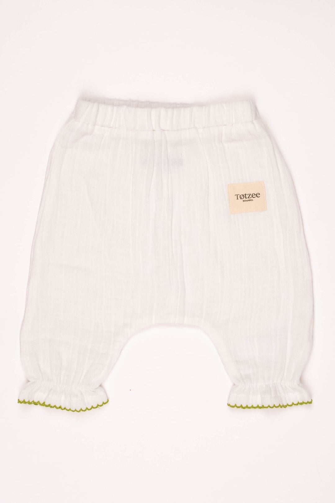 Totzee; Müslin Yenidoğan Yeşil Kroşeta Detaylı Pantolon Ekru; Newborn Muslin Green Crochet Detail Trousers