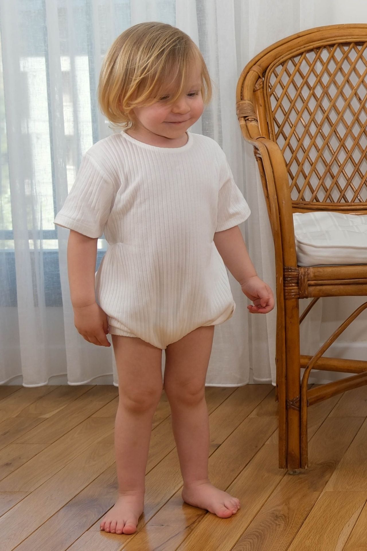 Totzee; Fitilli Belden Büzgülü Tulum Ekru; Ribbed Gathered Waist Baby Romper Ecru