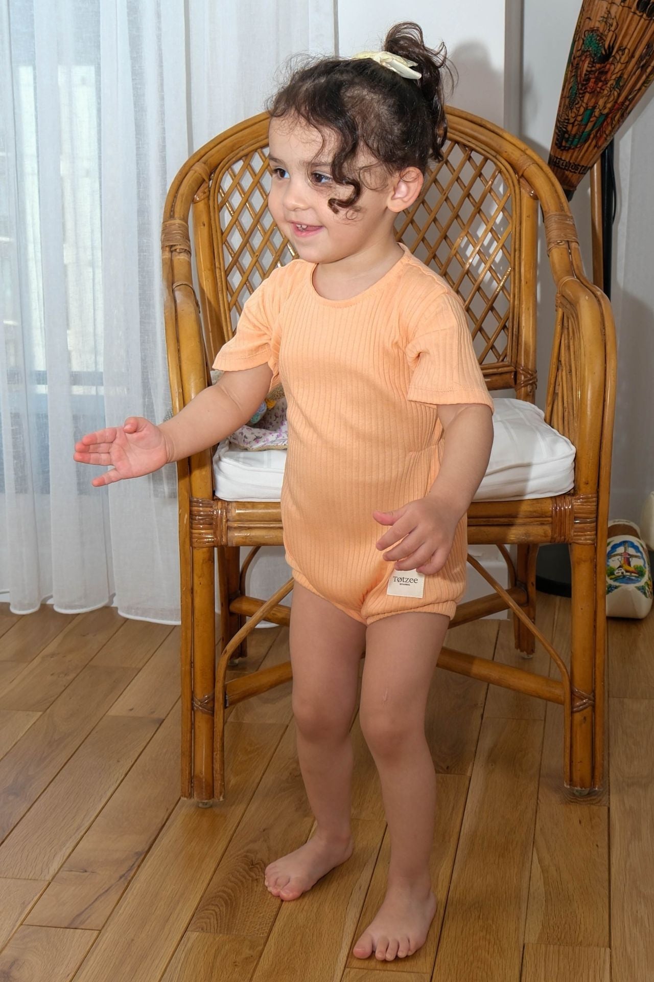 Totzee; Fitilli Belden Büzgülü Tulum Somon; Ribbed Gathered Waist Baby Romper Salmon